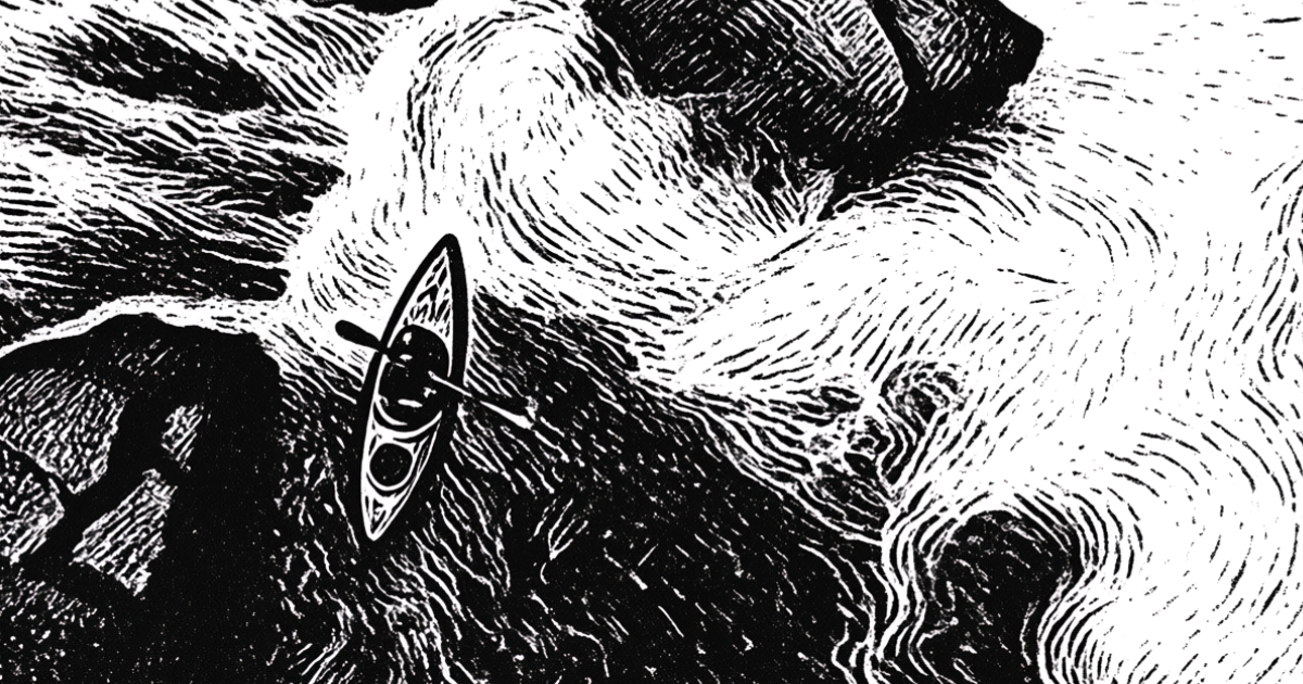 Drawing of a man kayaking down a waterfall