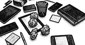 messy desk with papers, pens, and notebooks