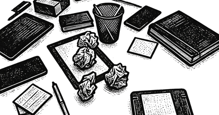 messy desk with papers, pens, and notebooks