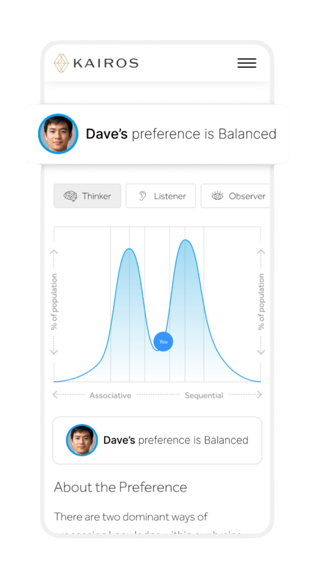 Example Kairos results screen showing a cognitive preference chart. The phone running off the bottom is on purpose.